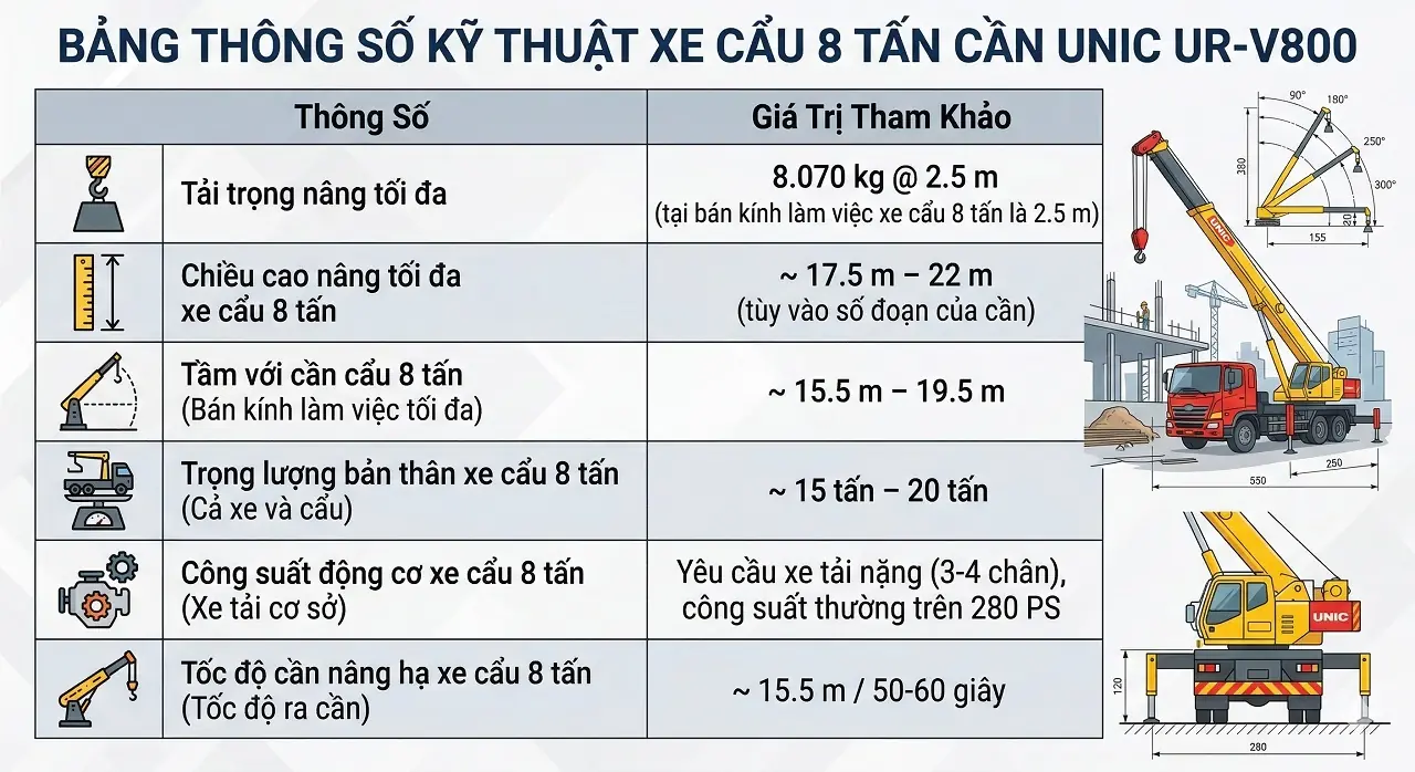 Sức n&acirc;ng xe cẩu 8 tấn chuẩn