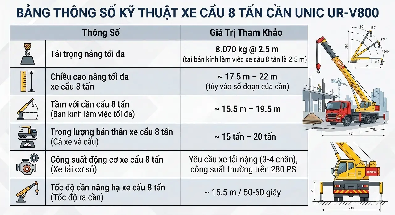 Xe cẩu 8 tấn d&agrave;i bao nhi&ecirc;u m&eacute;t chuẩn